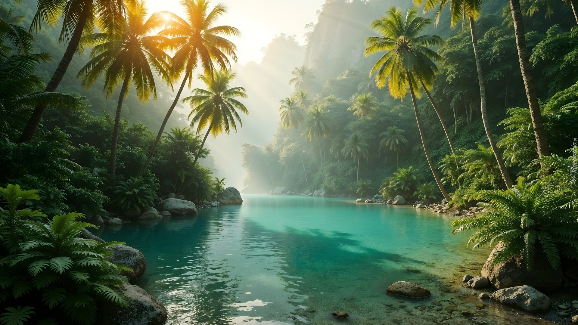 Rzeka, Las, Roślinność, Palmy, AI