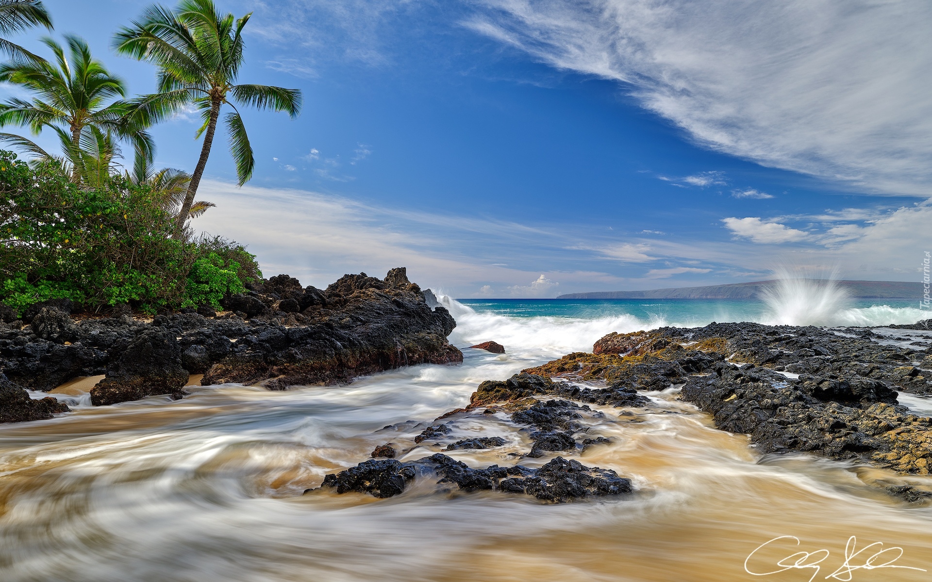 Stany Zjednoczone, Hawaje, Maui, Morze, Palmy, Skały, Plaża