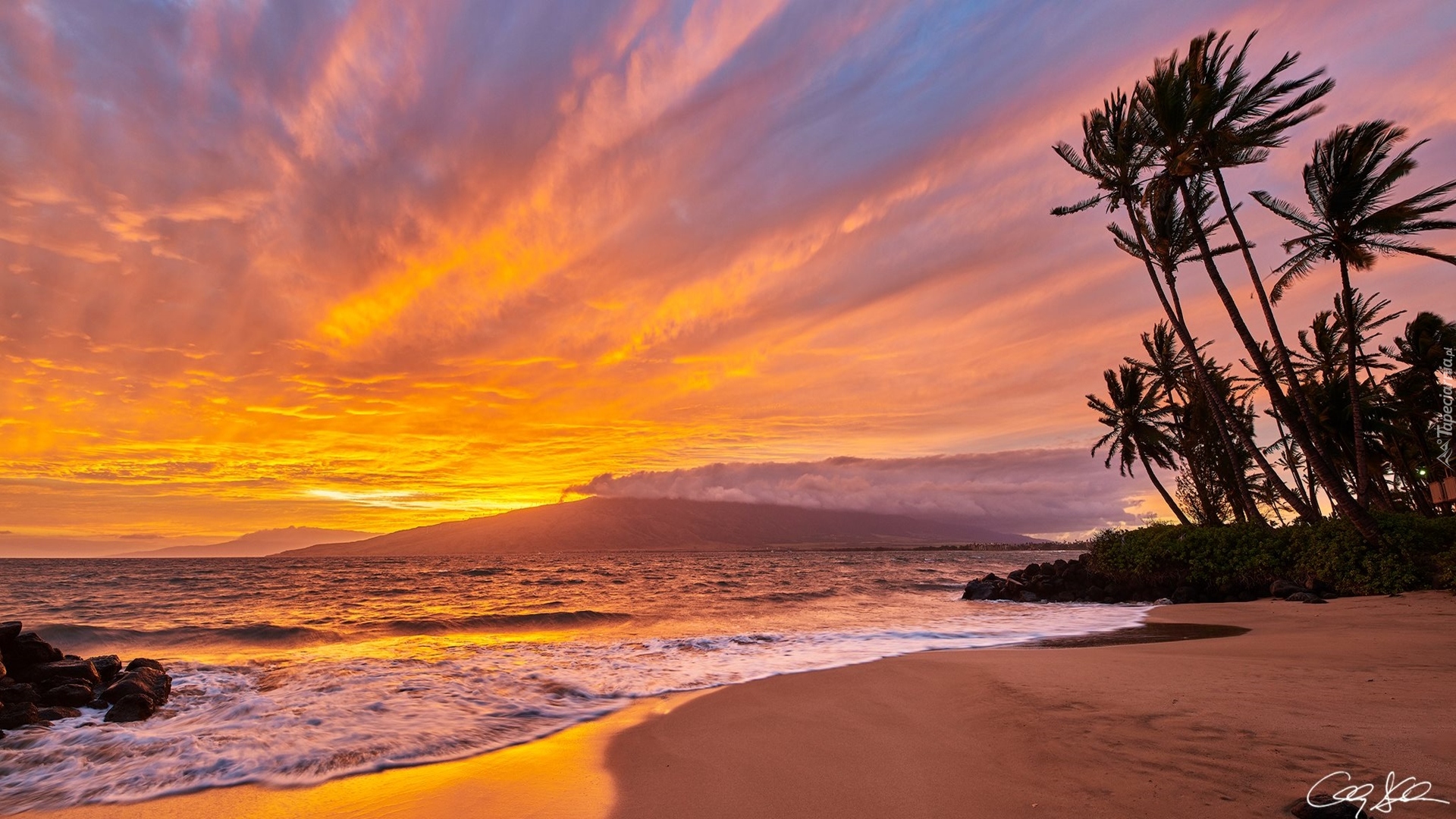 Hawaje, Wyspa Maui, Morze, Palmy, Zachód słońca, Plaża