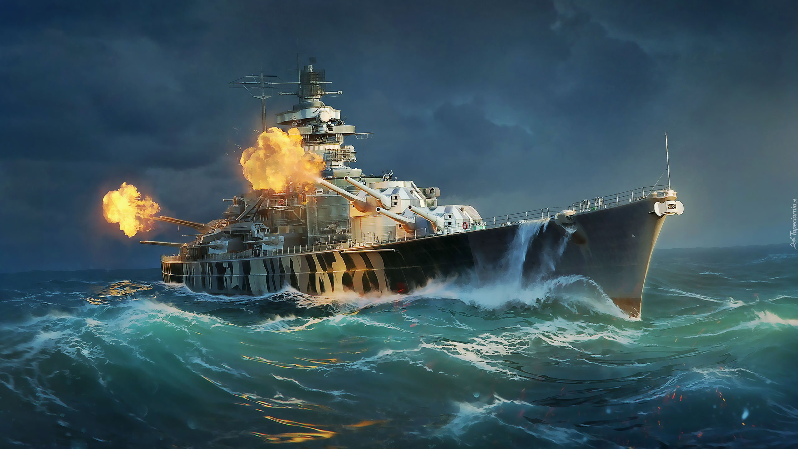 Gra, World of Warships, Okręt, Pancernik, Tirpitz, Działa, Salwa, Strzały, Ogień, Ocean, Fale