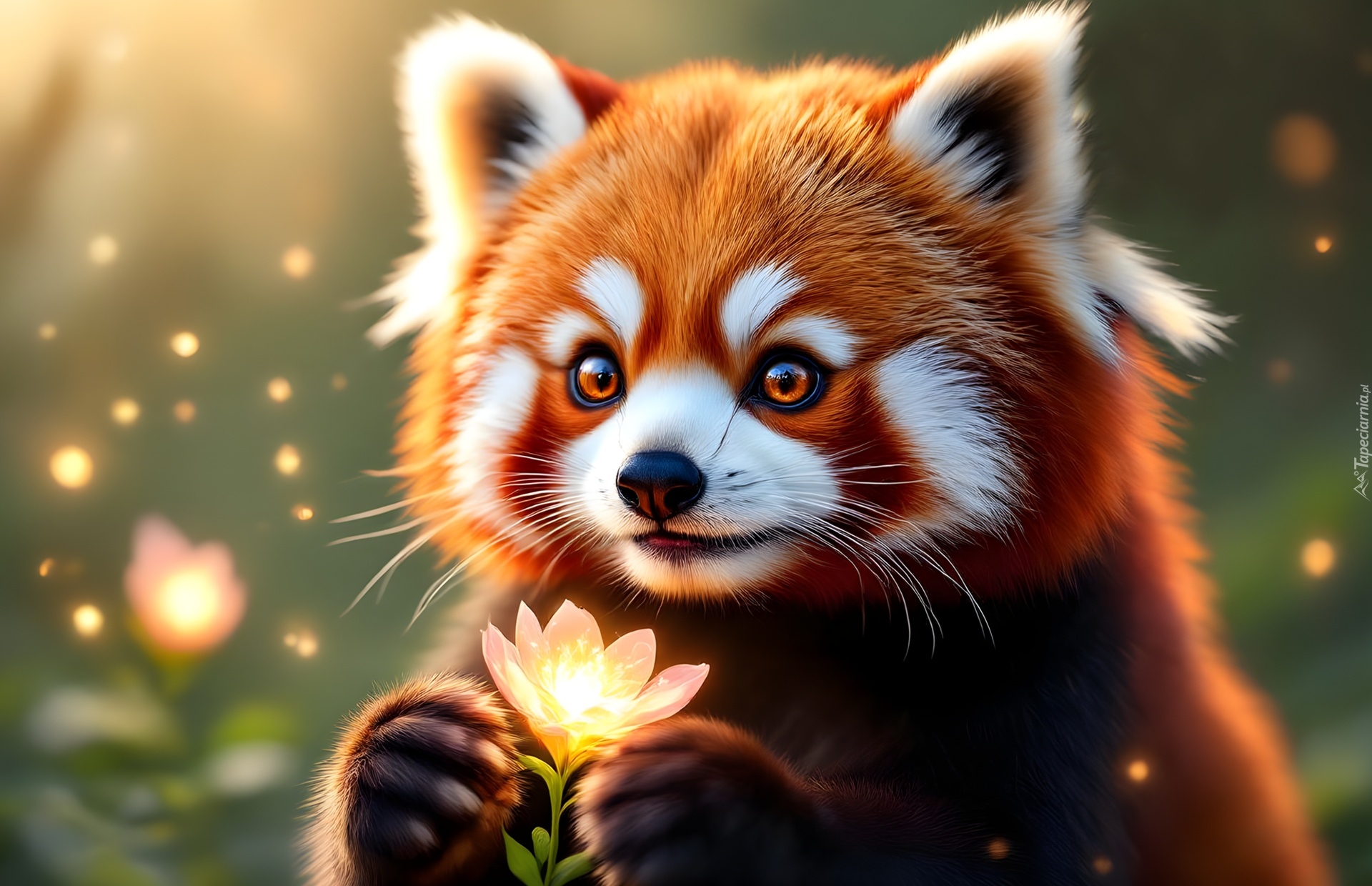 Pandka ruda, Świecący, Kwiat, Grafika AI