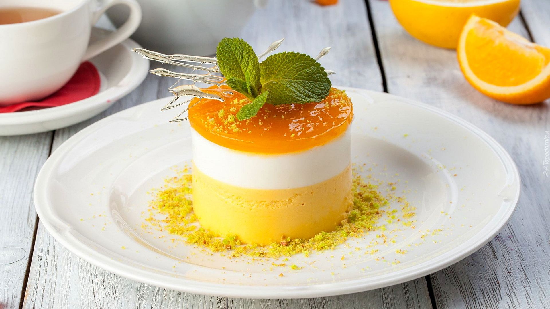 Deser, Panna cotta, Talerz, Herbata, Filiżanka, Kawałki, Pomarańczy