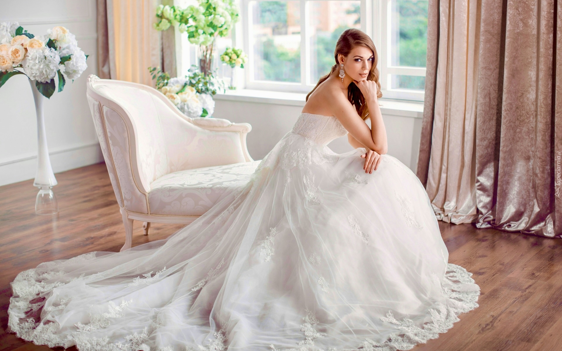 Kobieta, Panna młoda, Suknia, Biała, Ślub, Pokój, Okno