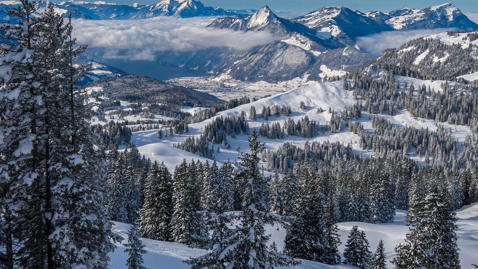 Góry, Chmury, Zima, Drzewa, Świerki, Wzgórza, Dolina, Jezioro, Hoch-Ybrig, Kanton Schwyz, Szwajcaria