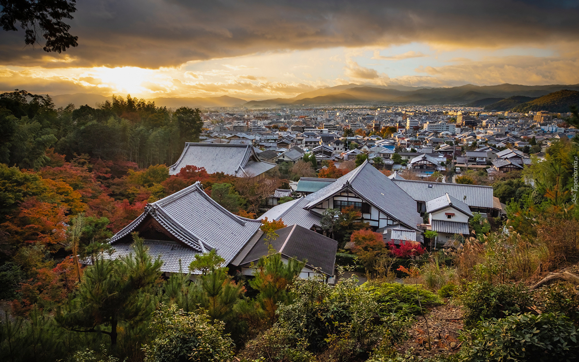 Japonia, Kioto, Góry, Drzewa, Domy, Dachy, Chmury