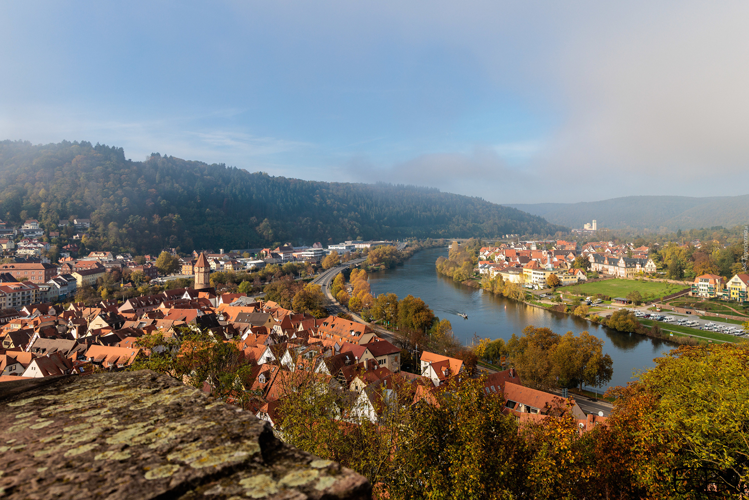 Domy, Rzeka Men, Góry, Las, Mgła, Wertheim, Niemcy