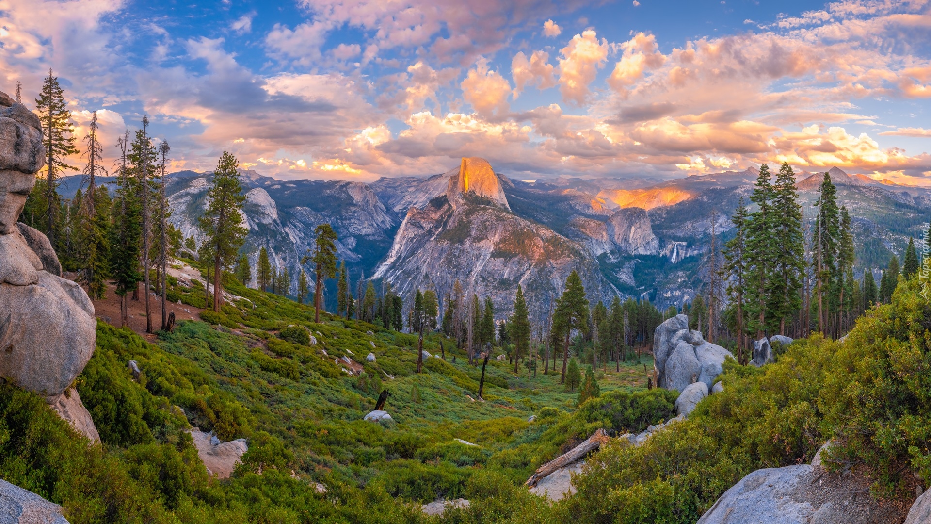 Stany Zjednoczone, Stan Kalifornia, Park Narodowy Yosemite, Drzewa, Góry, Skały, Sierra Nevada, Chmury