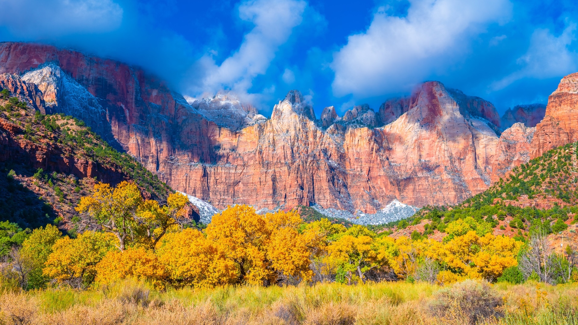 Park Narodowy Zion, Góry, Drzewa, Skały, Jesień, Chmury, Stan Utah, Stany Zjednoczone