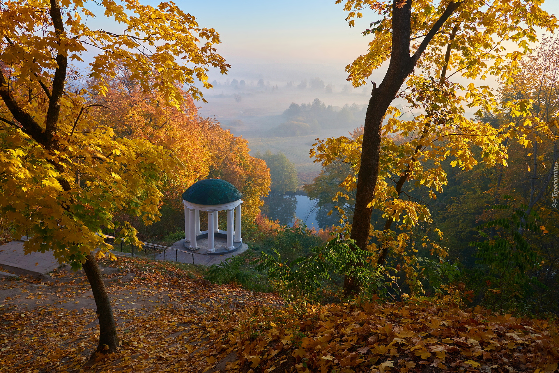 Jesień, Drzewa, Panteon, Altanka, Jezioro