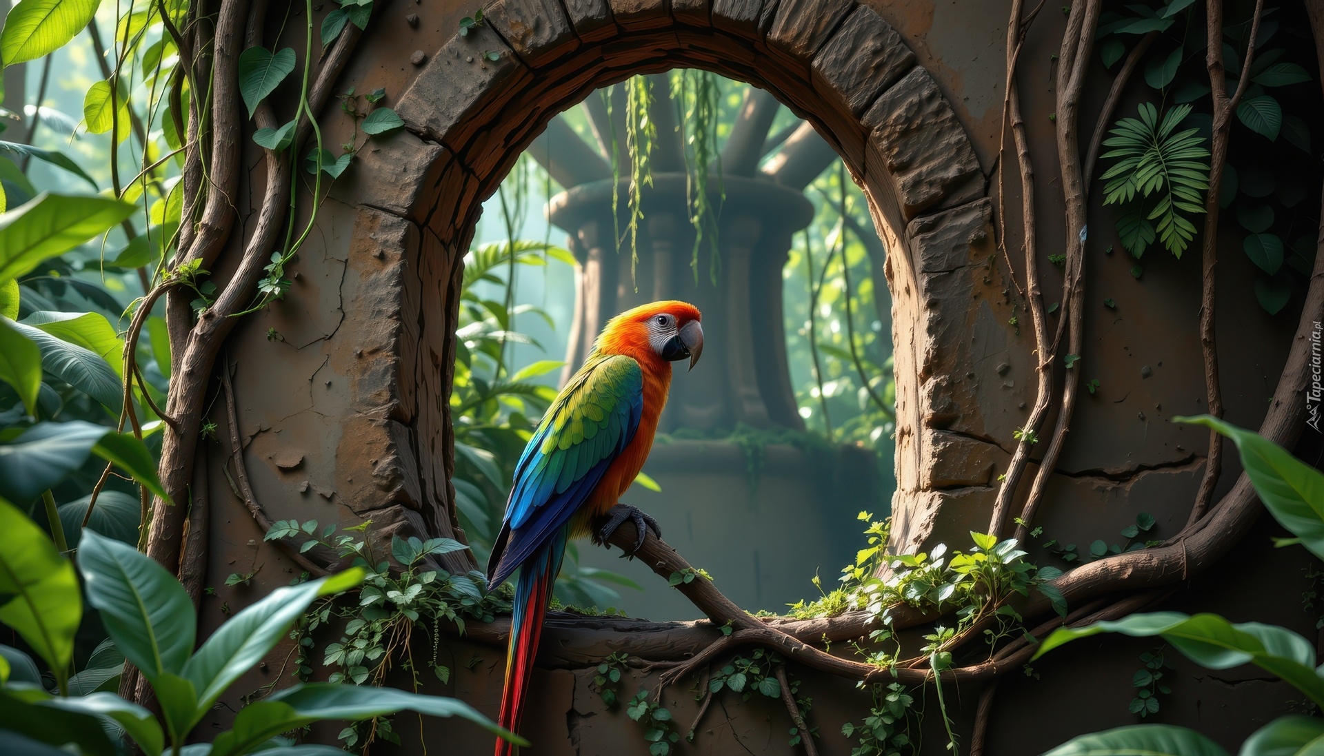 Papuga, Ara, Betonowa, Ściana, Rośliny