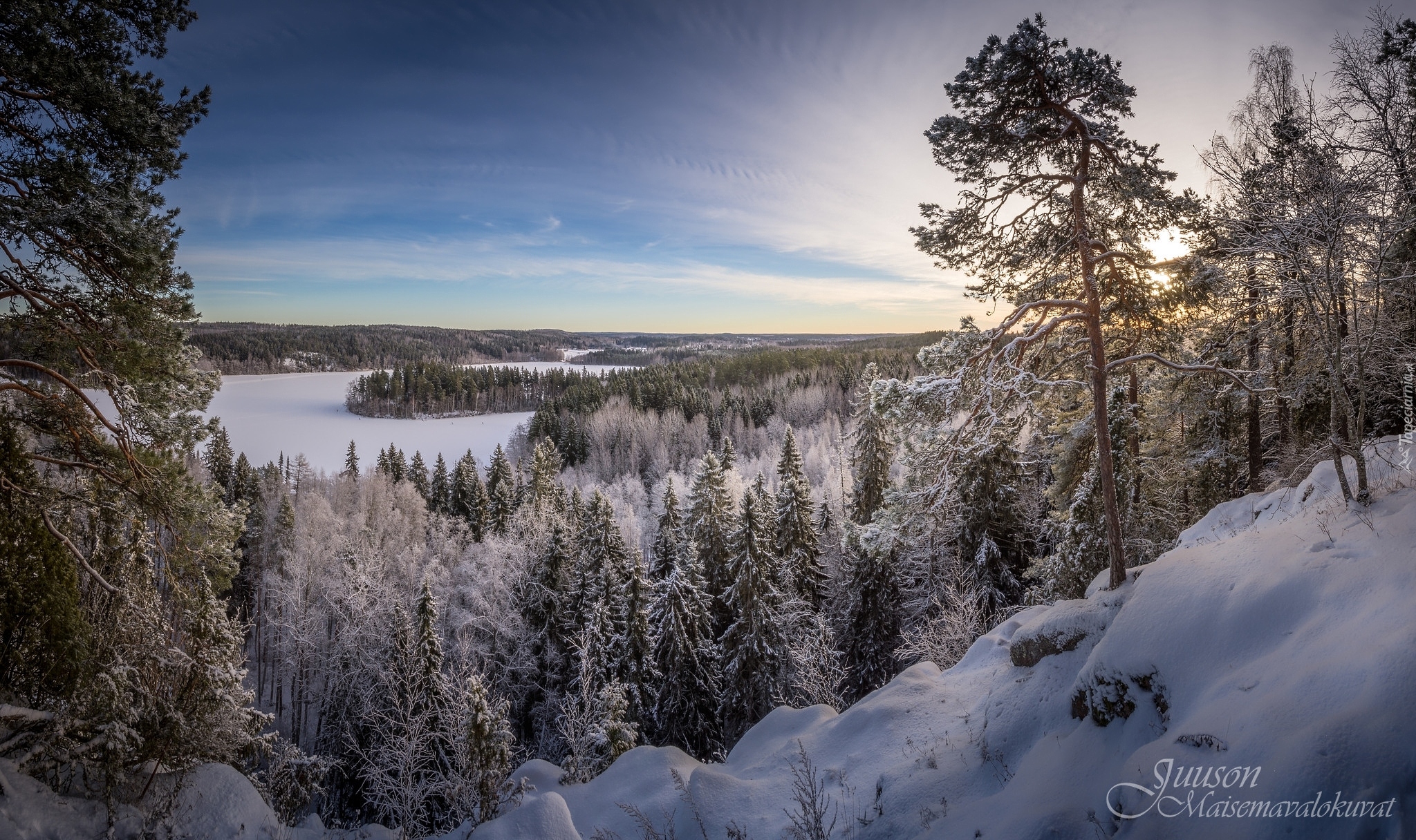Zima, Park Aulanko, Jezioro Aulangonjarvi, Hameenlinna, Finlandia, Drzewa, Lasy