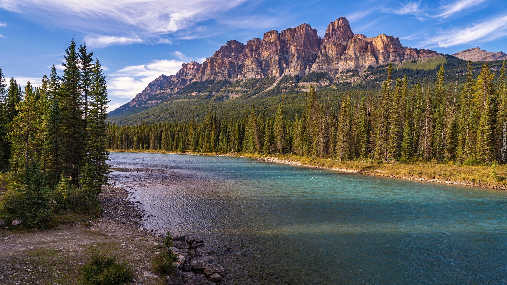 Park Narodowy Banff, Góry, Drzewa, Las, Rzeka, Bow River, Prowincja Alberta, Kanada