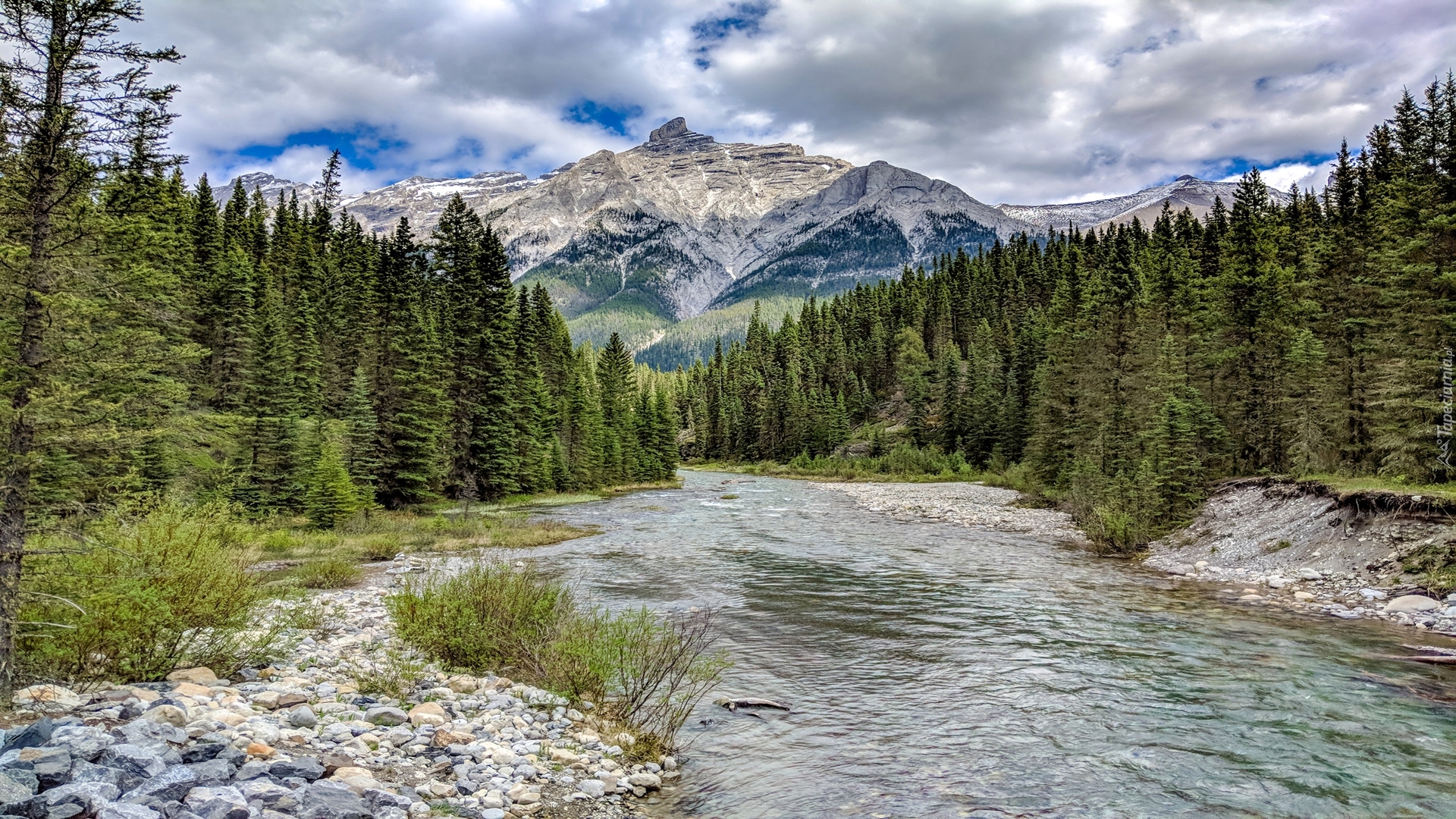 Park Narodowy Banff, Góra Mount Rundle, Prowincja Alberta, Kanada, Góry, Rzeka, Kamienie, Las, Drzewa, Chmury