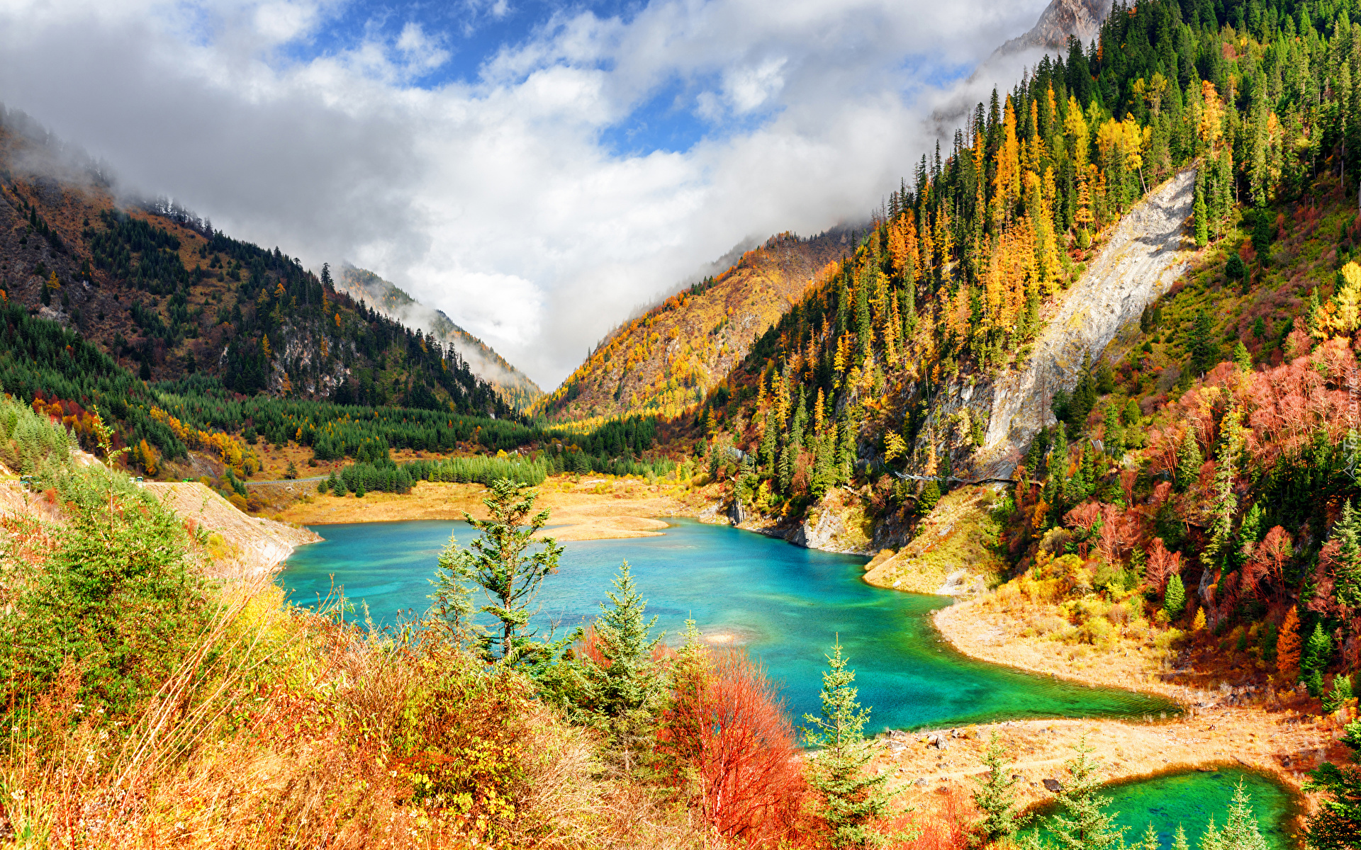 Chiny, Park Narodowy Jiuzhaigou, Jezioro, Góry, Wzgórza, Drzewa