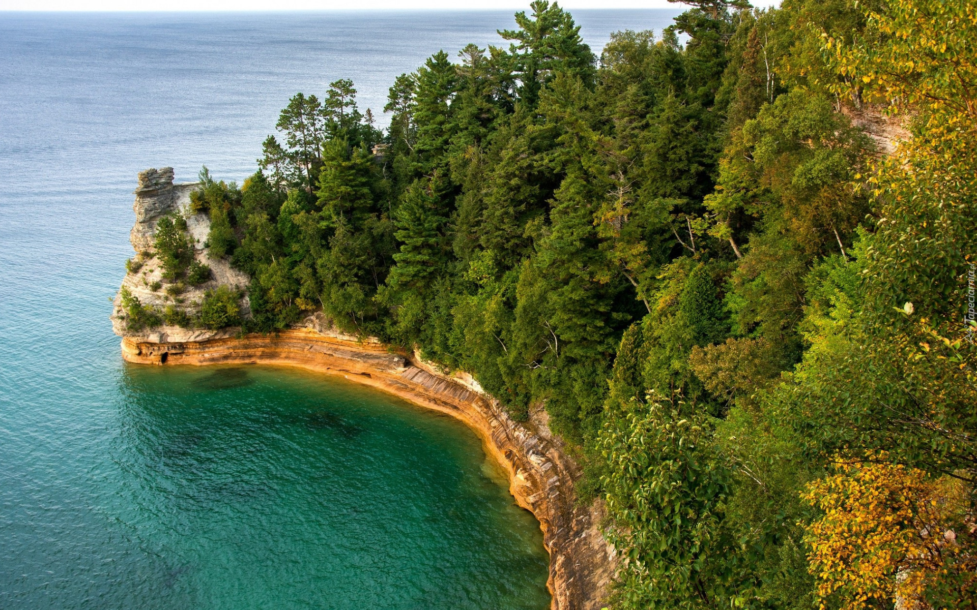 Wybrzeże, Skały, Miners Castle Rock, Las, Drzewa, Jezioro Superior, Park Narodowy Pictured Rocks National Lakeshore, Stan Michigan, Stany Zjednoczone