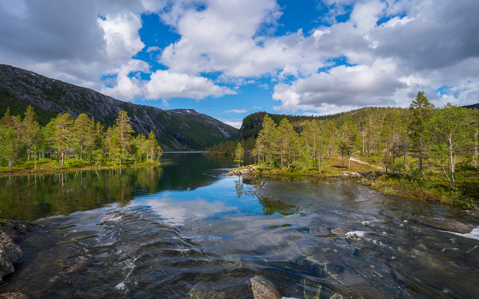 Norwegia, Nordland, Park Narodowy Rago, Góry, Rzeka, Kamienie, Las, Drzewa, Chmury