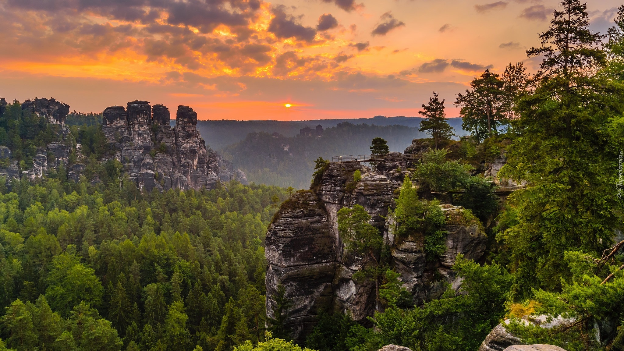 Skały, Góry Połabskie, Drzewa, Zachód słońca, Park Narodowy Saskiej Szwajcarii, Niemcy