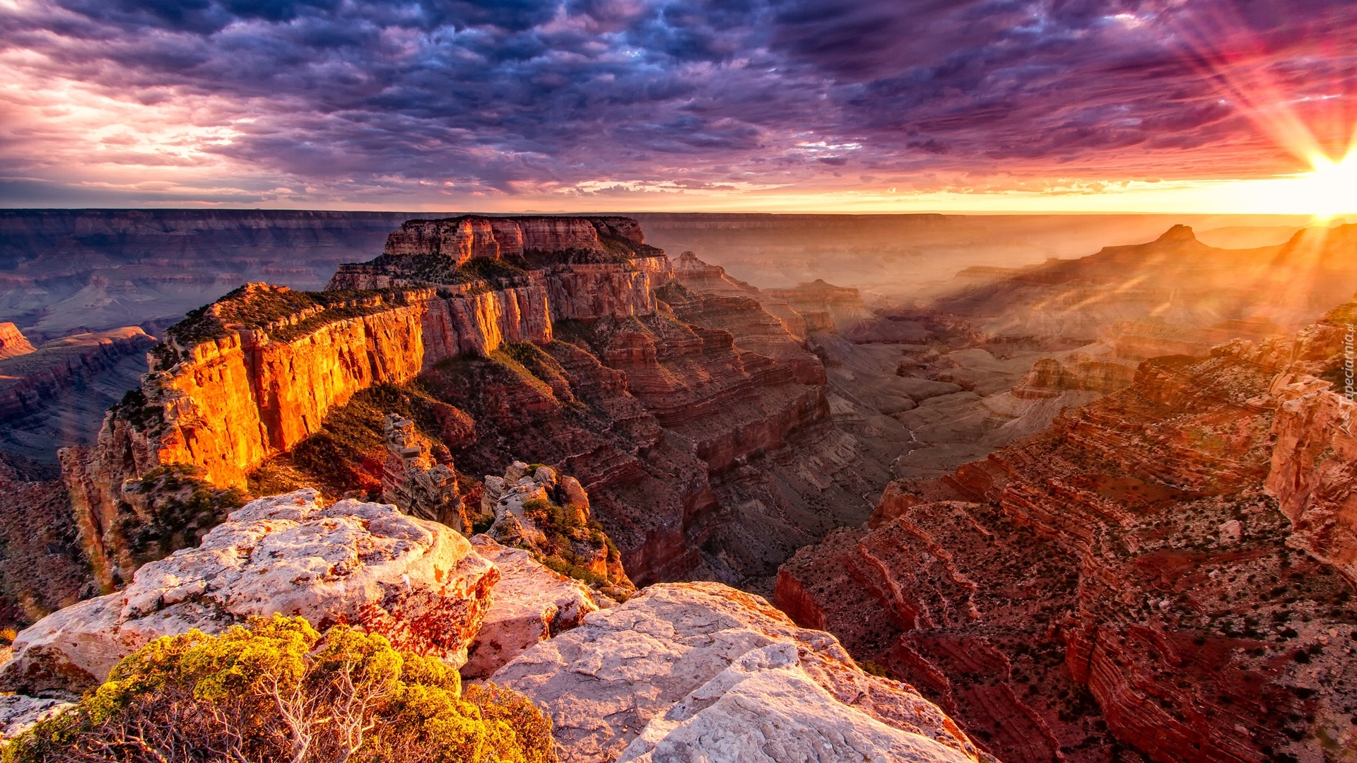 Stany Zjednoczone, Arizona, Wielki Kanion Kolorado, Chmury, Wschód słońca, Park Narodowy Wielkiego Kanionu