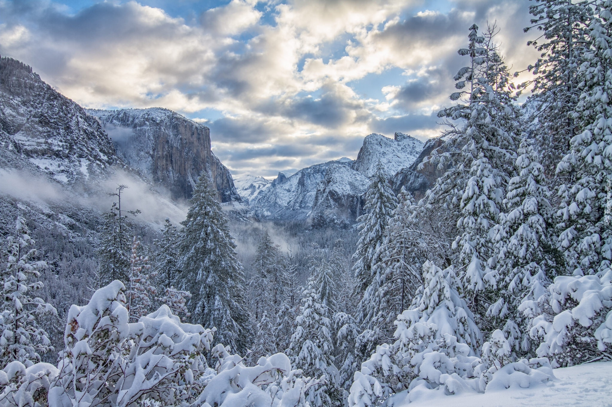 Park Narodowy Yosemite, Zima, Góry Sierra Nevada, Drzewa, Chmury, Stan Kalifornia, Stany Zjednoczone