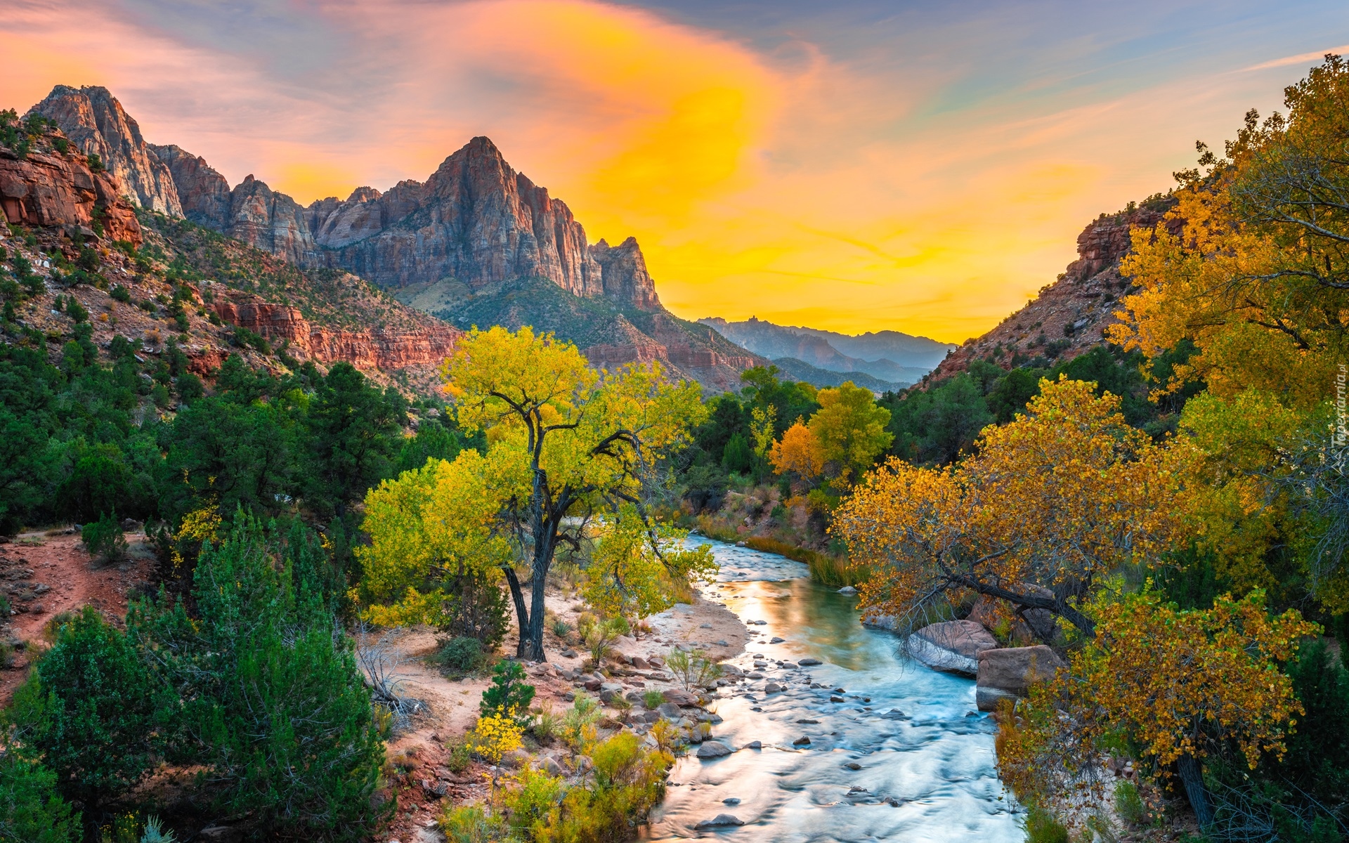 Stany Zjednoczone, Stan Utah, Park Narodowy Zion, Góry Watchman, Rzeka Virgin River, Kamienie, Drzewa, Wschód słońca