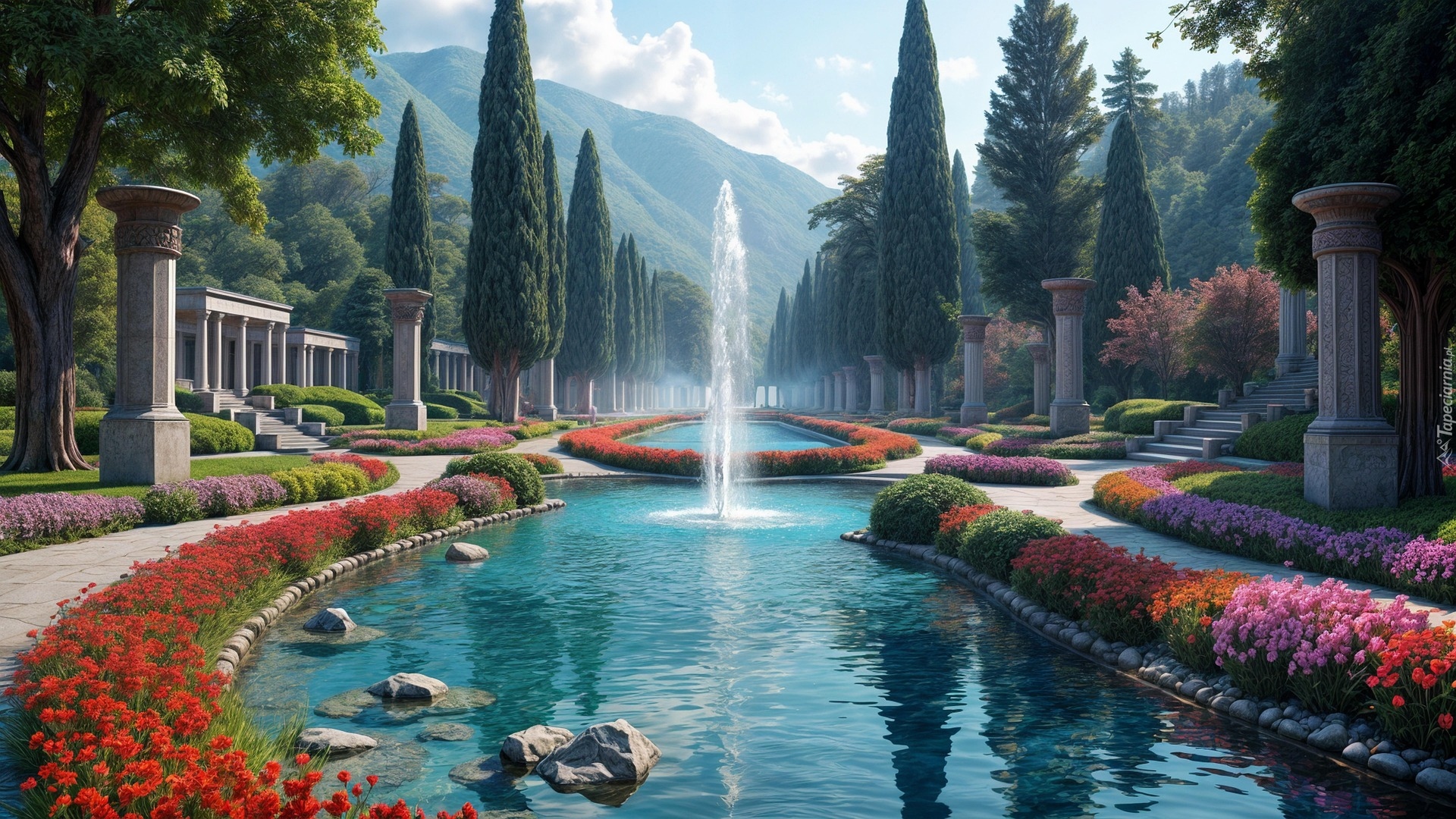 Park, Staw, Fontanna, Kwiaty