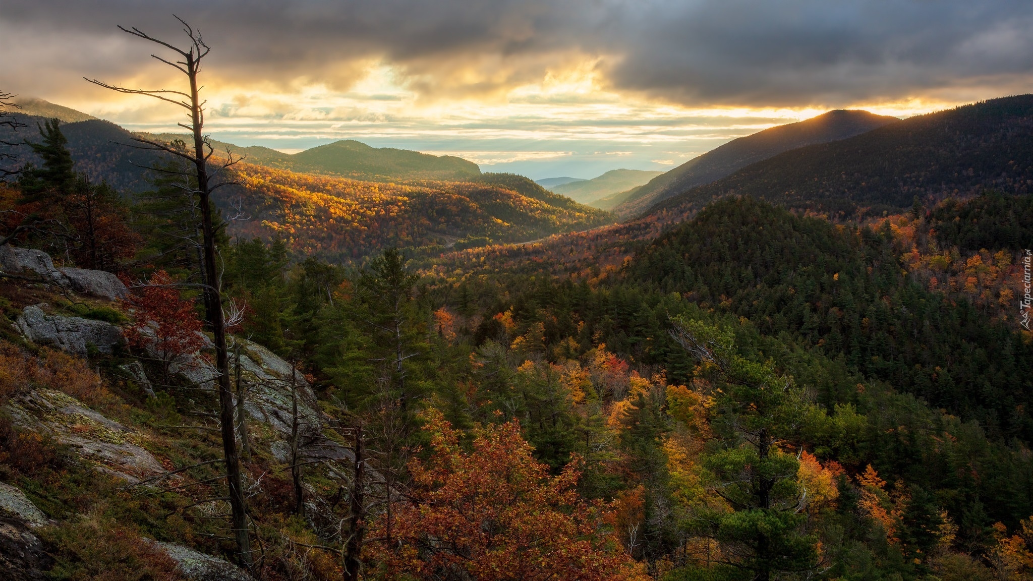 Góry, Pasmo górskie, Adirondack, Jesień, Kolorowe, Drzewa, Stan Nowy Jork, Stany Zjednoczone