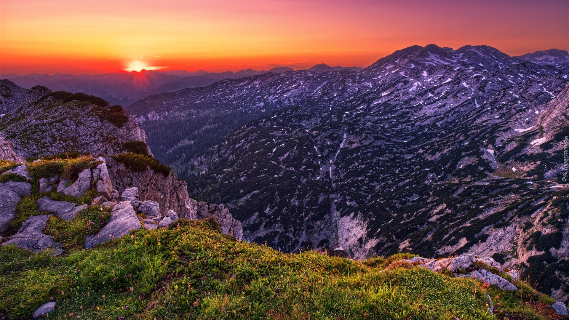Zachód słońca, Skały, Trawa, Góry, Totes Gebirge, Alpy, Austria