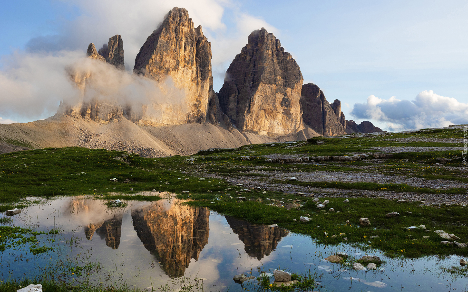 Włochy, Góry, Tre Cime di Lavaredo, Trzy szczyty, Woda, Odbicie