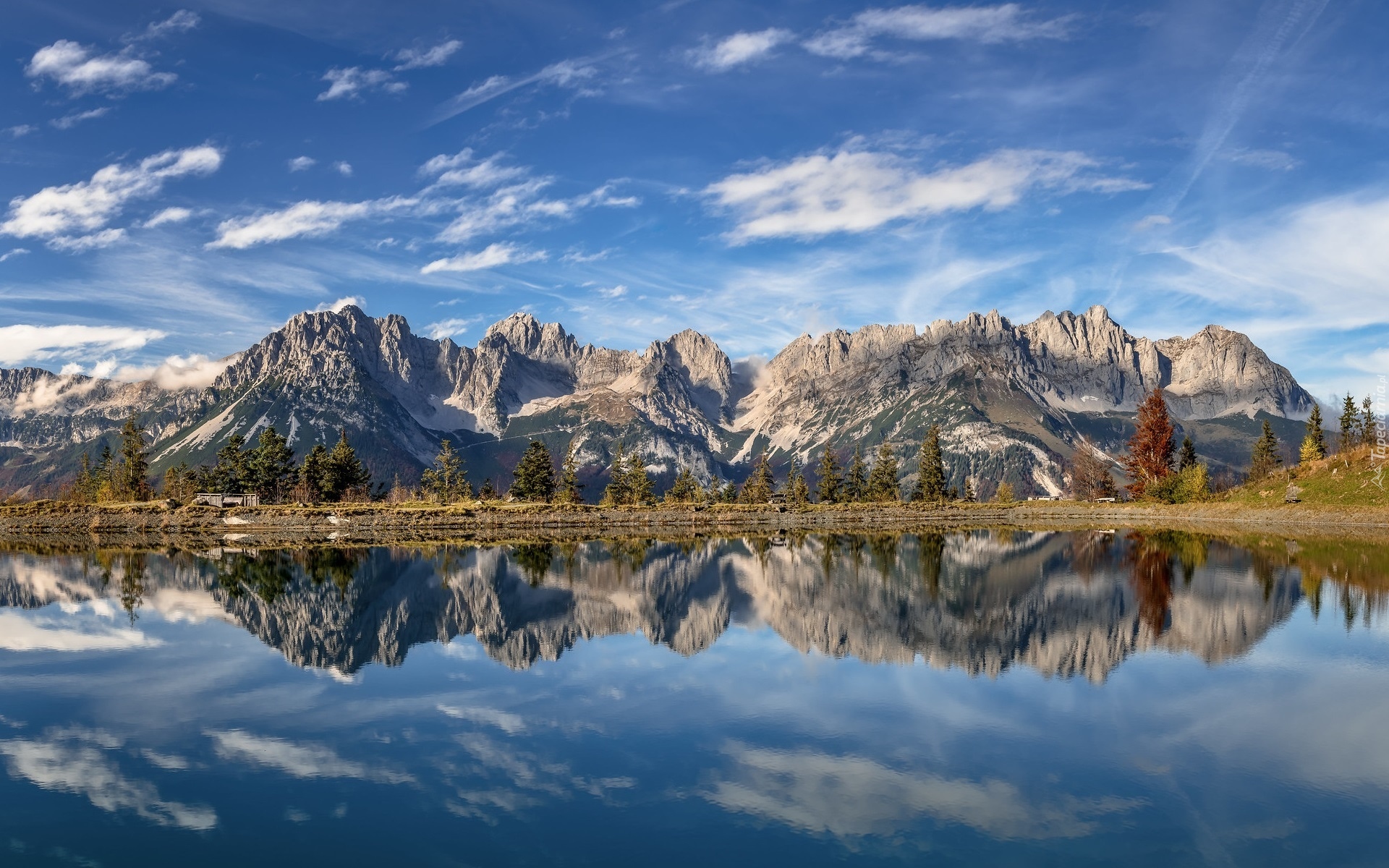 Góry, Kaisergebirge, Jezioro, Hintersteinersee, Drzewa, Odbicie, Tyrol, Austria