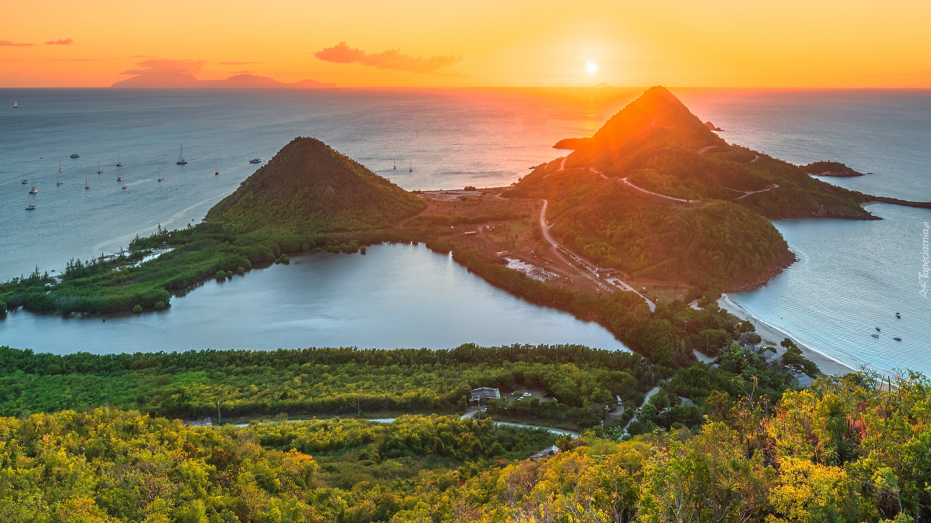 Półwysep, Góry, Morze, Zatoki, Zachód słońca, Pearns Point, Jennings, Wyspa Antigua, Antigua i Barbuda