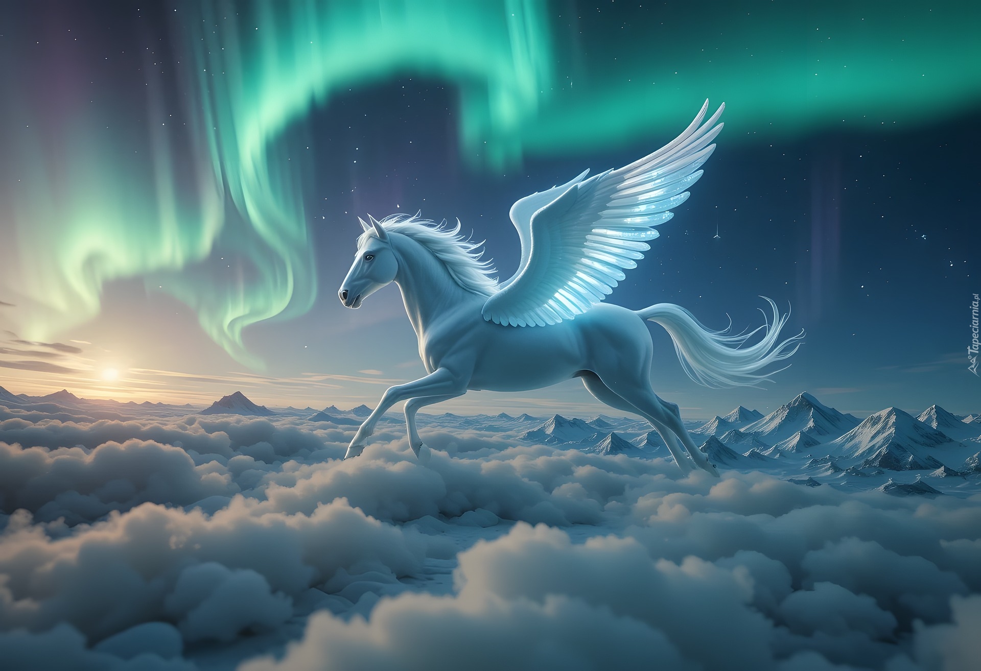 Fantasy, Koń, Biały, Skrzydła, Pegaz, Zorza polarna, Chmury