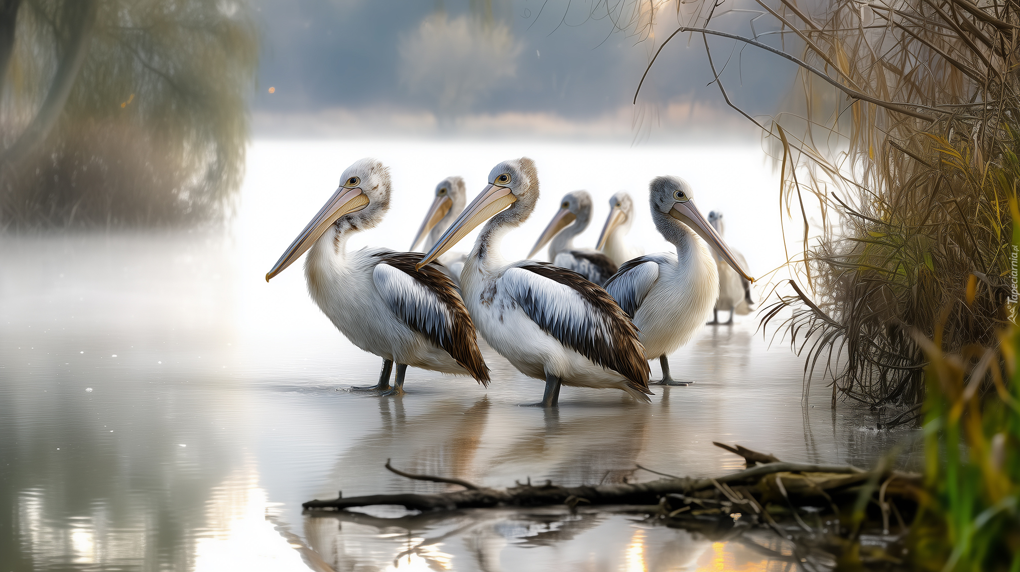 Pelikany, Jezioro, Zarośla, Grafika AI