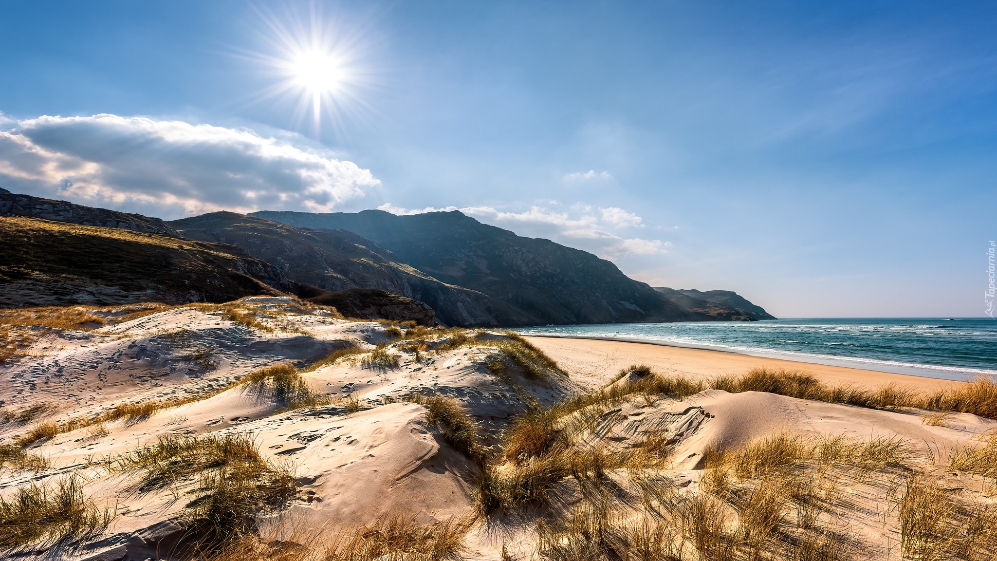 Morze, Wybrzeże, Promienie słońca, Wydmy, Plaża, Maghera Ardara Co Donegal, Hrabstwo Donegal, Irlandia