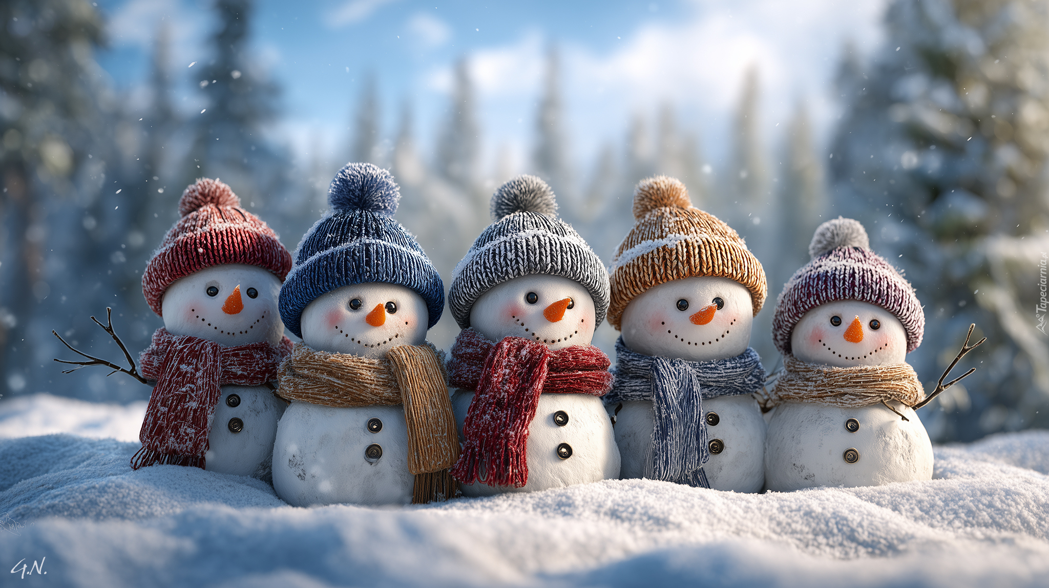 Bałwany, Czapki, Szaliki, Zima, Grafika AI