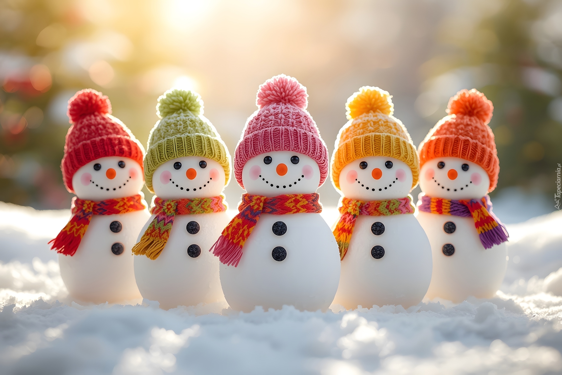 Zima, Bałwanki, Kolorowe, Czapki, Szaliki
