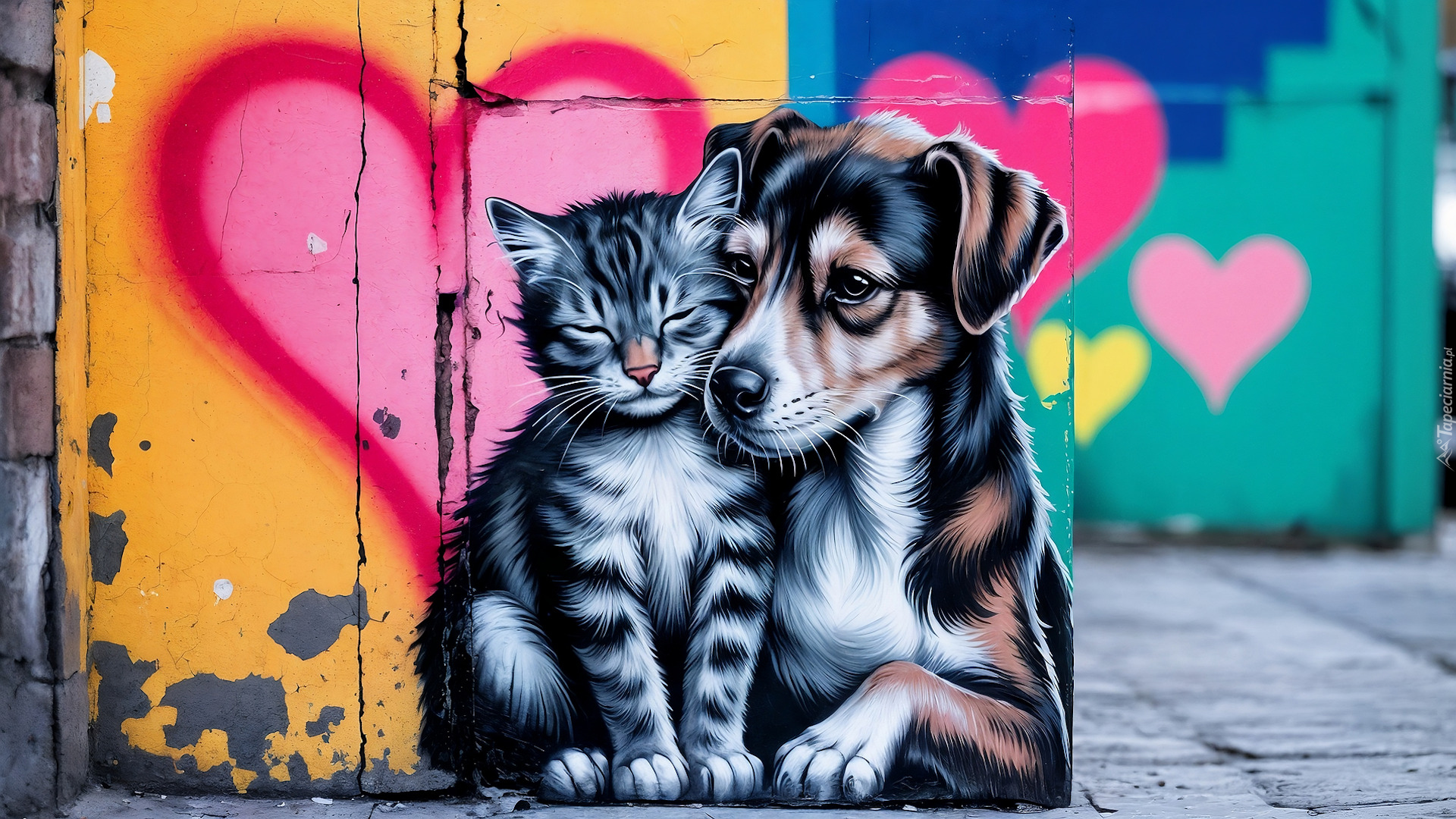 Street Art, Kot, Pies, Serce, Mural, Grafika, AI