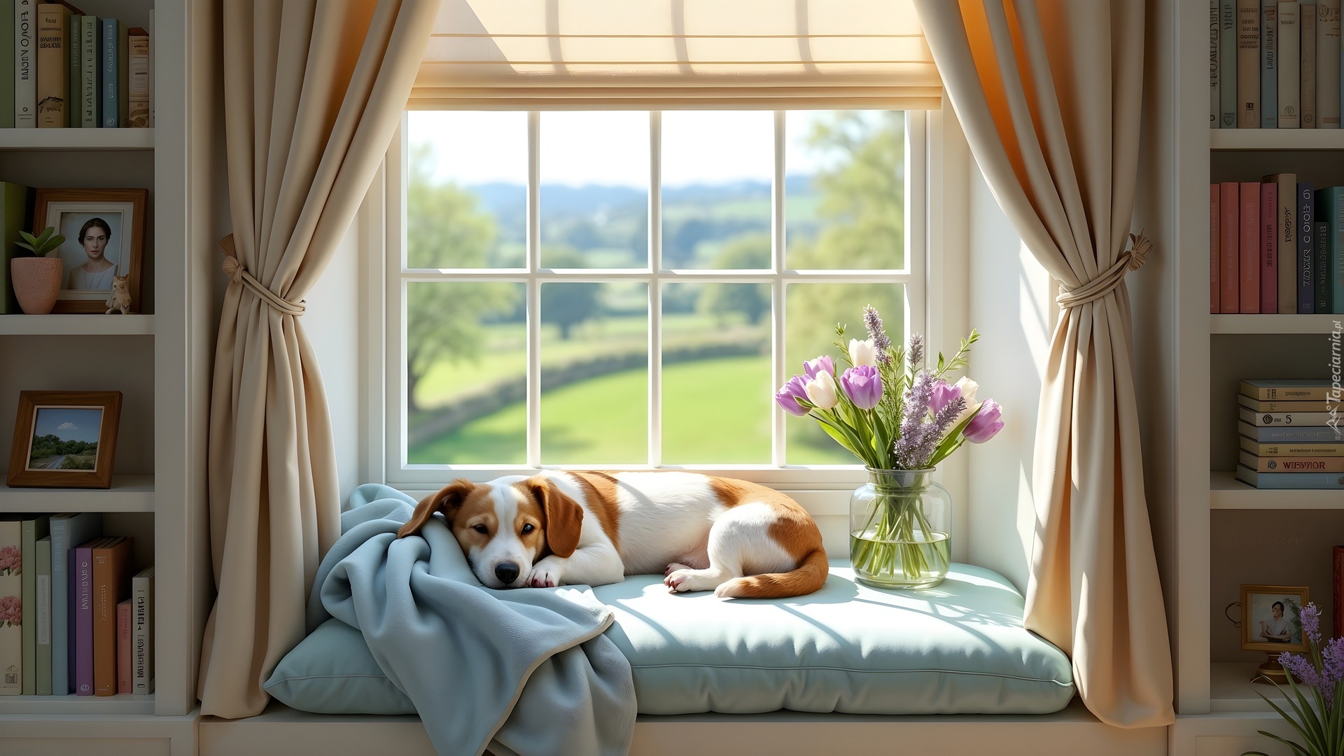 Okno, Pies, Leżący, Bukiet, Kwiatów, Regał, Książki, Grafika AI