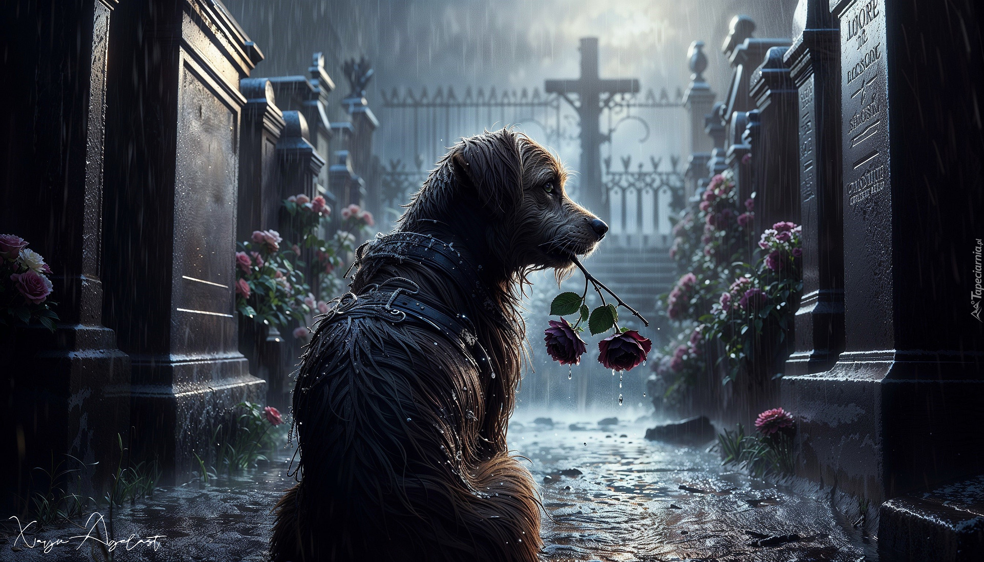 Pies, Róże, Cmentarz, Deszcz