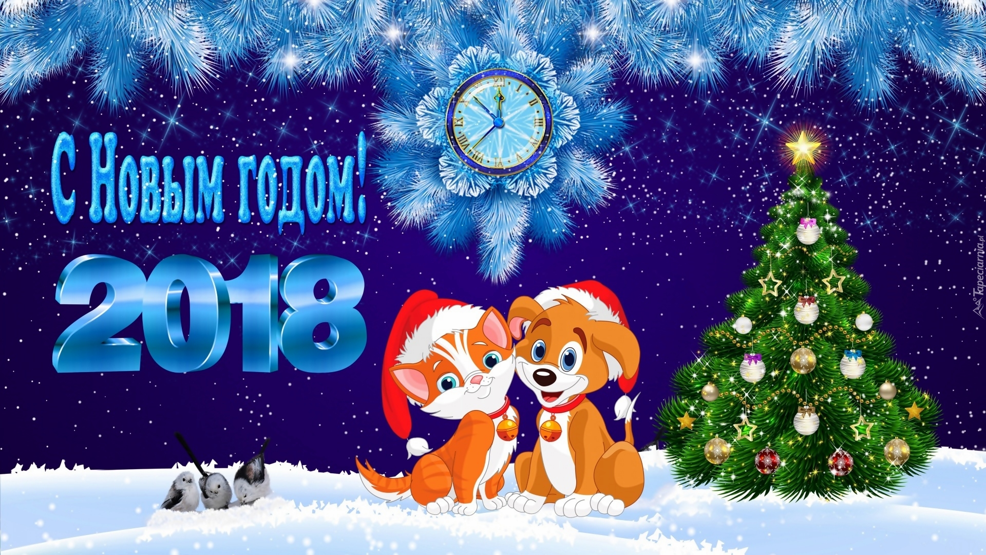 Nowy Rok, 2018, Pies, Kot, Zegar