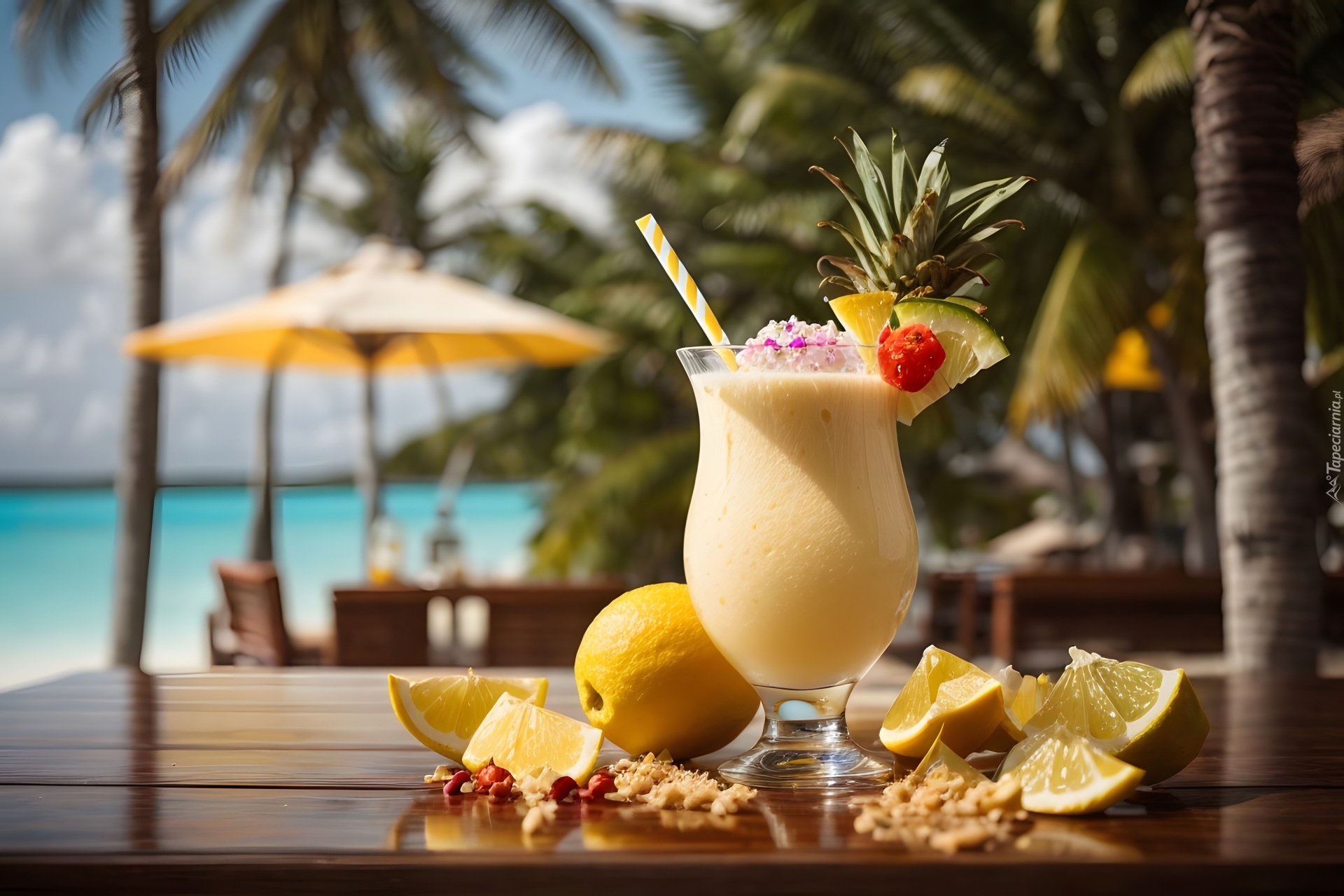 Pina Colada, Drink, Owoce, Palmy, Tropiki, Grafika