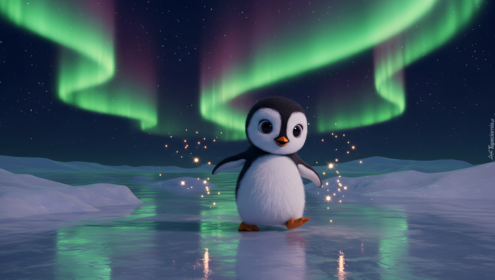 Zima, Pingwin, Lód, Zorza polarna