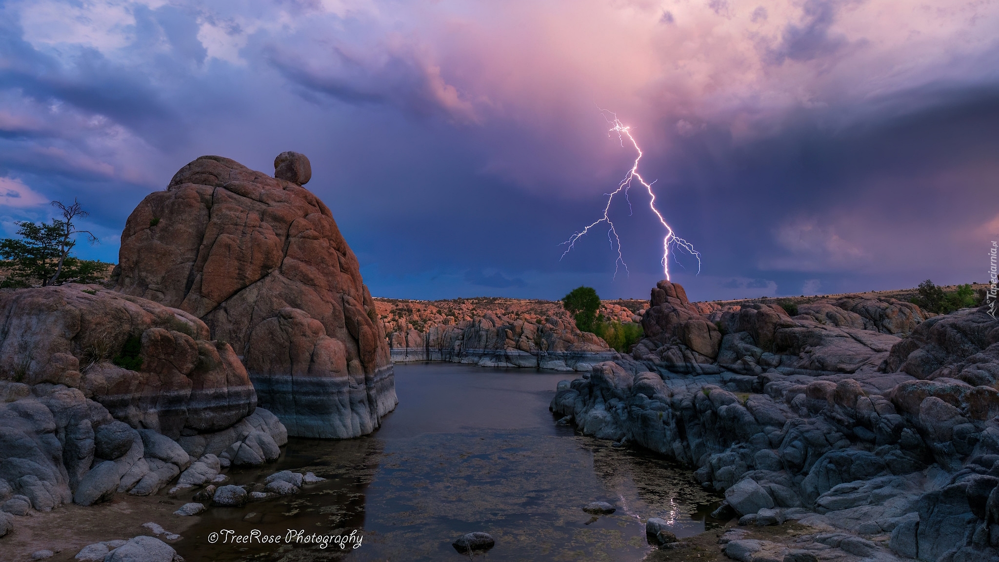 Stany Zjednoczone, Stan Arizona, Prescott, Jezioro, Watson Lake, Chmury, Piorun, Brzeg, Skały