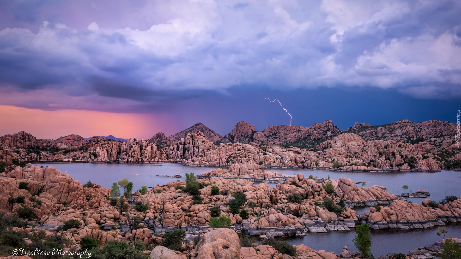 Skały, Jezioro, Watson Lake, Chmury, Piorun, Prescott, Arizona, Stany Zjednoczone