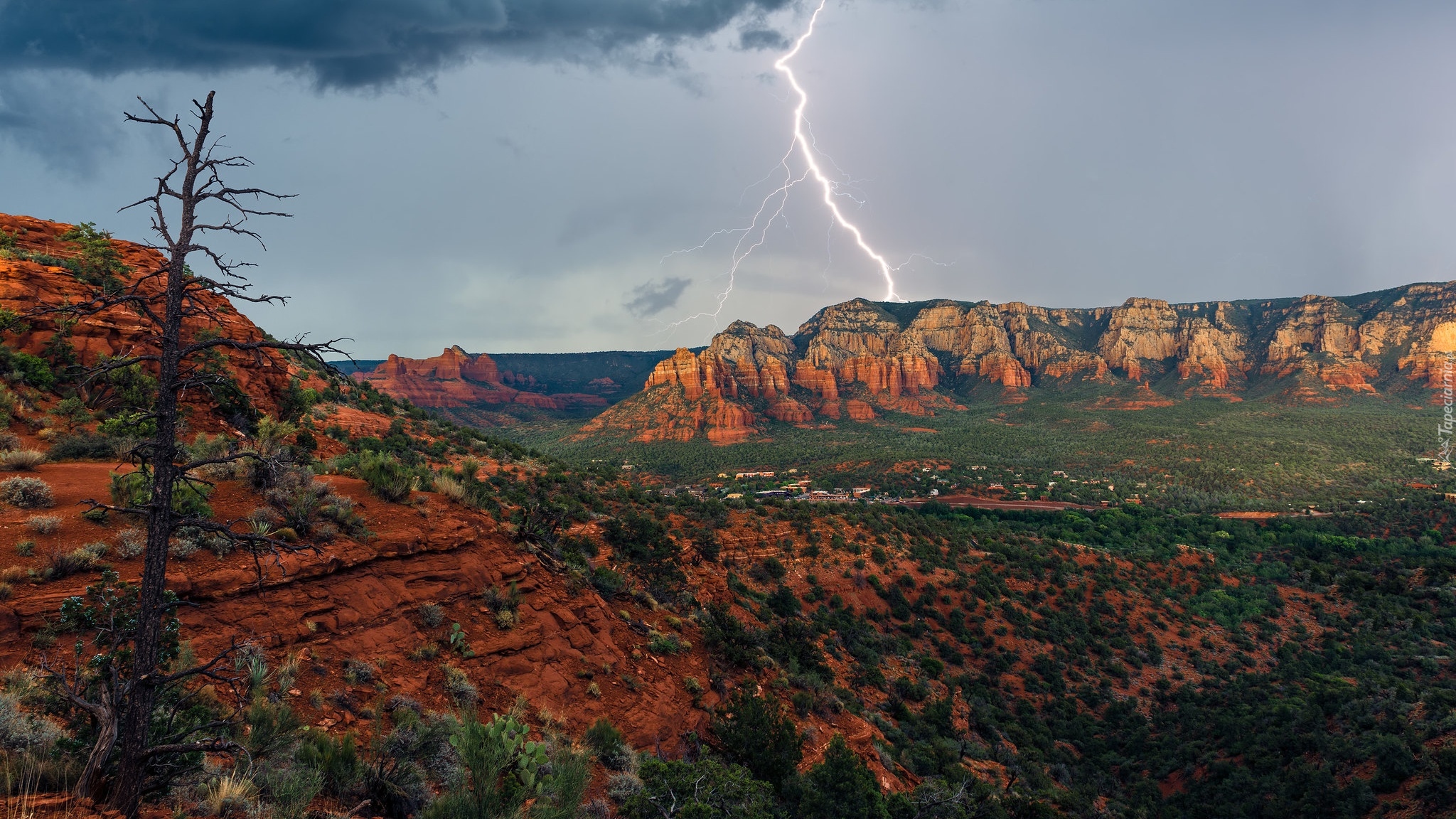 Stany Zjednoczone, Arizona, Sedona, Skały, Chmury, Piorun, Drzewo