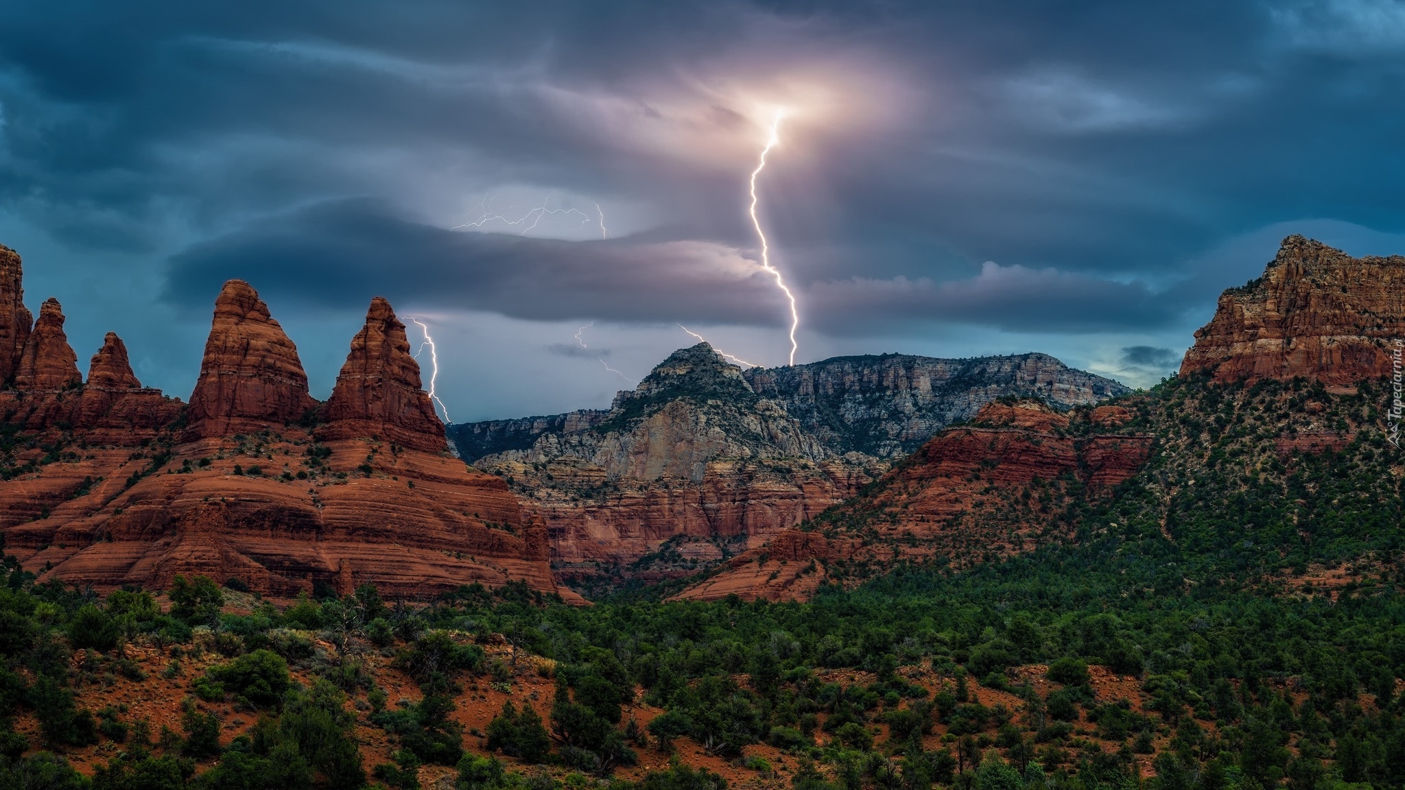 Stany Zjednoczone, Arizona, Sedona, Skały, Krzewy, Burza, Piorun