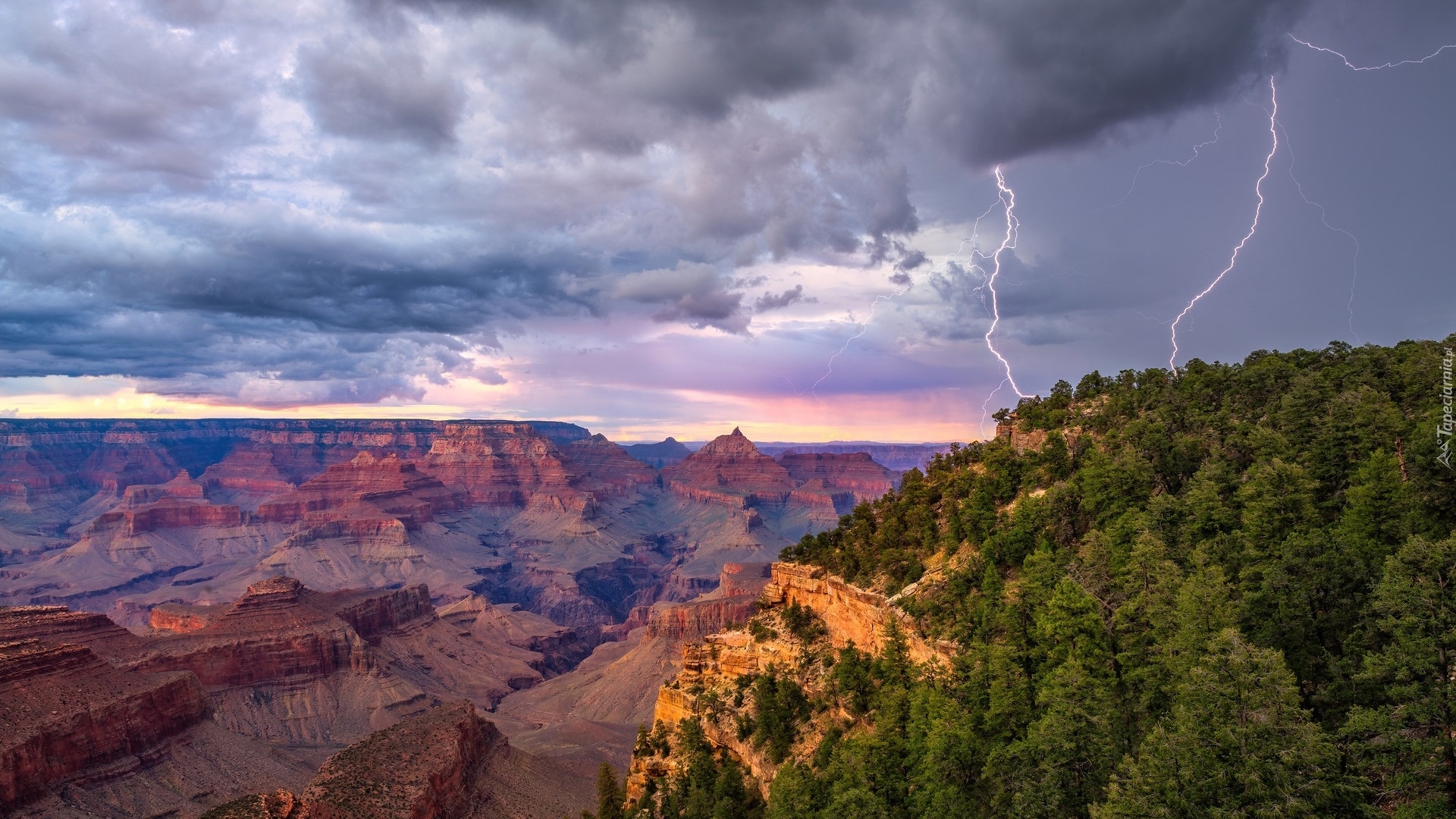 Skały, Kanion, Grand Canyon, Park Narodowy Wielkiego Kanionu, Pioruny, Drzewa, Arizona, Stany Zjednoczone