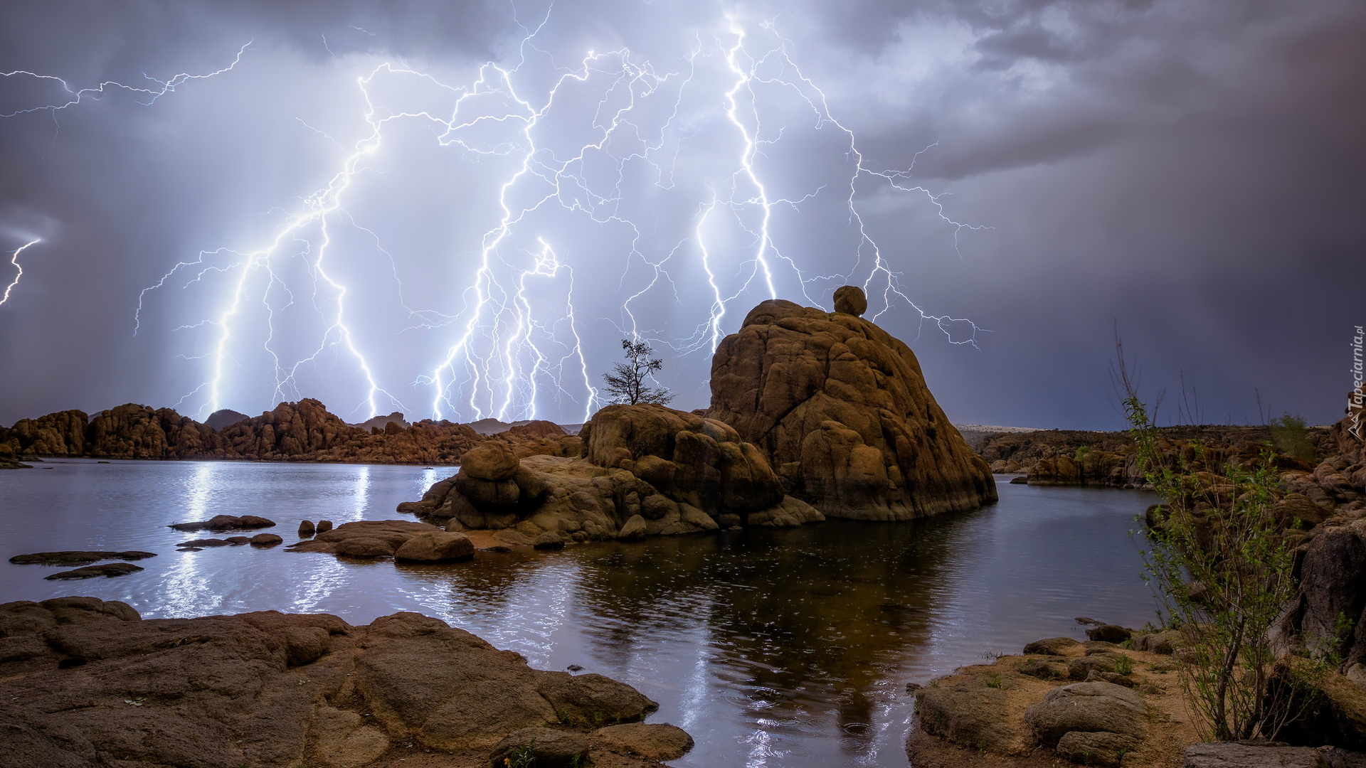 Skały, Granite Dells, Pioruny, Jezioro, Watson Lake, Prescott, Arizona, Stany Zjednoczone