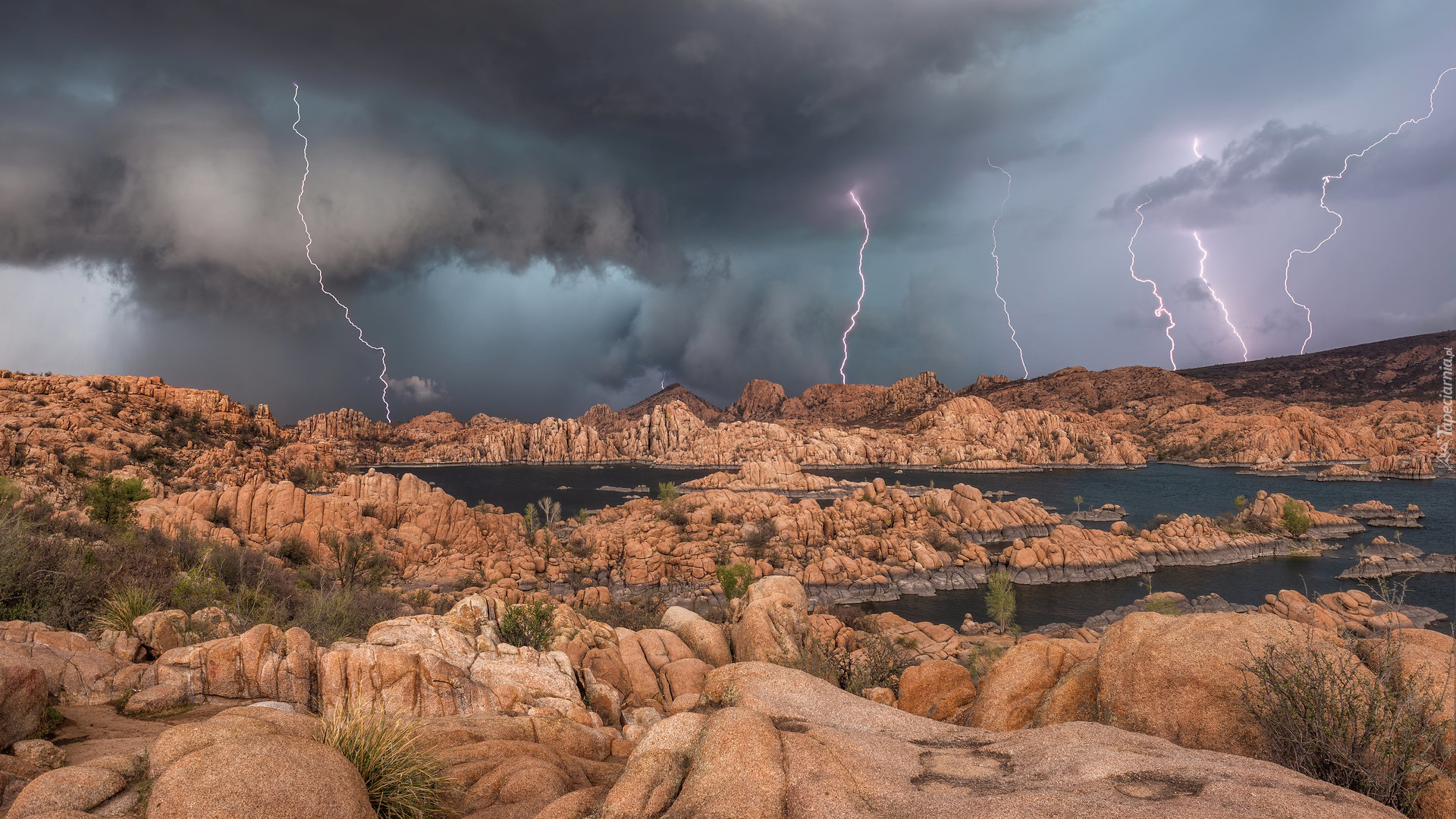 Skały, Jezioro, Watson Lake, Chmury, Pioruny, Prescott, Arizona, Stany Zjednoczone