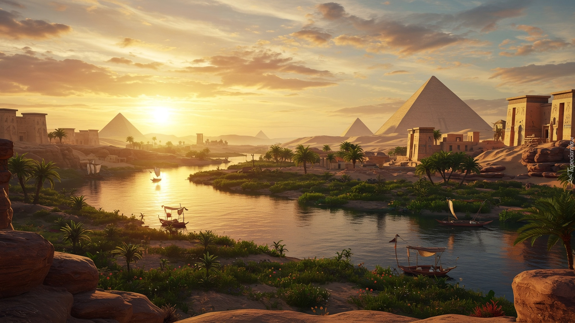 Gra, Assassins Creed Origins, Egipt, Nil, Piramidy, Palmy, Łodzie, Słońce