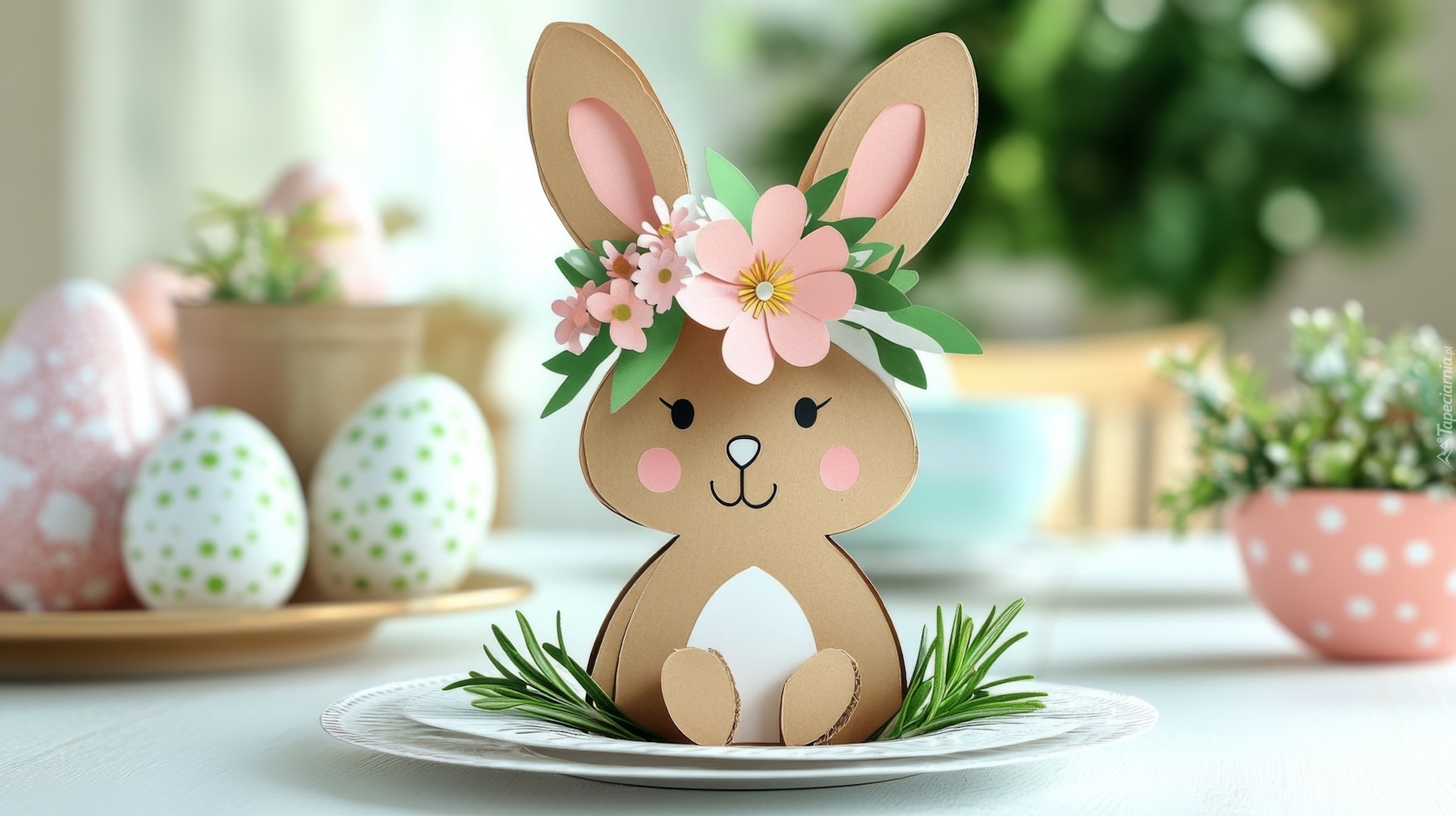 Wielkanoc, Pisanki, Zajączek, Talerze, Kwiaty